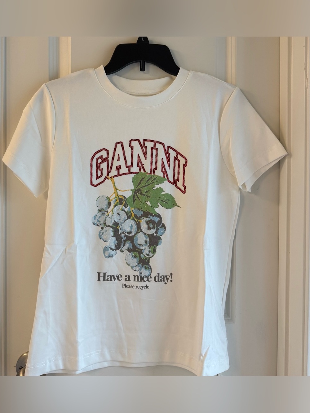Ganni White Tee with Red Logo and Green Grape Graphic Tagless